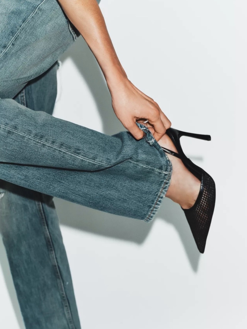 Zara Black Mesh Pointed Toe Slingback Heels